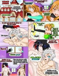 2boys 2girls abs angry angry_face bath_towel black_gloves blue_eyes cat_boy cat_ears cat_humanoid chasing comic dialogue grey_hair hand_on_shoulder kemonomimi lovestar muscular muscular_male nekomimi original original_characters playful_smile ponytail pushing raidon_dimentional_land red_eyes scar_on_chest sharp_teeth spanish_text sparkles stealing_clothes teasing text_box text_bubble towel_around_waist vampire vampire_boy waving waving_hand