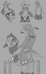 absurd_res anal anal_penetration anthro atlus avian balls bird blush bodily_fluids bottomwear bottomwear_down bulge claws clothed clothing duo english_text feathers feet flustered foreskin furniture genitals hi_res holding_hips humanoid_genitalia humanoid_penis kneeling lufel male male/male male_penetrated male_penetrating male_penetrating_male megami_tensei miau moan monochrome nude owl partially_clothed penetration penis penis_base persona_(series) persona_5 pool_float sega semi-anthro sex shorts shorts_down size_difference speedo standing sweat swimming_trunks swimwear table table_sex talons taylor_vee text toe_claws toes torn_clothing winged_arms wings