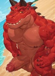 1boy ai_generated bara barazoku chubby cum devil_dinosaur drvlar gay male male_focus male_only marvel marvel_comics marvel_rivals monster muscular muscular_male penis smug solo yaoi