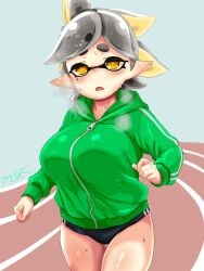 1girls big_breasts bouncing_breasts breasts earrings female female_only huge_breasts inkling inkling_girl jacket large_breasts marie_(splatoon) nintendo pointy_ears running short_hair solo solo_female solo_focus splatoon splatoon_(series) sweat sweatdrop sweating t2ukmyjm tentacle_hair thighs two-tone_hair