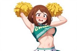 boobs breasts cheerleader crop_top embarrassed hands_up nipple_slip nipples ochako_uraraka uraraka_ochako