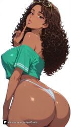 1girl ai_generated artist_name ass bare_shoulders breasts brown_eyes brown_hair covered_nipples crop_top cropped_shirt curly_hair dark-skinned_female dark_skin earrings eyewear_on_head finger_to_mouth from_behind grand_theft_auto grand_theft_auto_vi green_shirt highleg hoop_earrings jewelry large_breasts lips long_hair looking_at_viewer looking_back off-shoulder_shirt off_shoulder panties parted_lips patreon questionable rockstar_games senpai_pixels shirt simple_background solo sunglasses thick_lips thick_thighs thighs thong underwear vice_city_cover_girl white_background white_panties