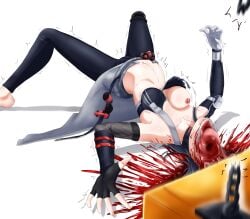 1girls accident asymmetrical_gloves bare_shoulders black_sports_bra blood breasts corpse crop_top death decapitation exploded_head fishnet_gloves gloves gore grace_howard grey_belt guro head_crushing head_explosion jaws large_breasts navel necrophilia nipples noodlesman one_breast_out pants sexy_punishment single_fingerless_glove snuff sports_bra zenless_zone_zero zipper_top