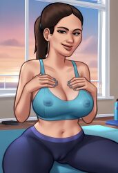1girls 2d 2d_(artwork) ai_generated anna_(summertime_saga) areola areolae athletic athletic_female beautyash big_breasts breasts breasts_visible_through_clothing brown_hair brunette cameltoe clothing digital_drawing_(artwork) digital_media_(artwork) female female_focus female_only leggings medium_breasts nipples nipples_visible_through_clothing on_knees pants ponytail pussy pussy_lips see-through see-through_top summertime_saga tank_top thick_thighs vagina yoga_mat yoga_pants