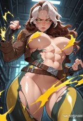 1girl abs ai_generated artist_name belt black_gloves bodysuit breasts brown_belt brown_hair brown_jacket clenched_hands convenient_censoring fingerless_gloves futarush gloves glowing glowing_eyes green_bodysuit green_eyes jacket large_breasts long_hair looking_at_viewer marvel marvel_rivals multicolored_hair muscular muscular_female navel patreon patreon_username rogue_(marvel_rivals) rogue_(x-men) solo sultryspark thick_thighs torn_bodysuit torn_clothes two-tone_hair white_hair yellow_bodysuit