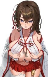 bare_shoulders blue_eyes brown_hair cleavage huge_breasts long_hair looking_at_viewer miniskirt navel nontraditional_miko skirt thighhighs tongue yan.c