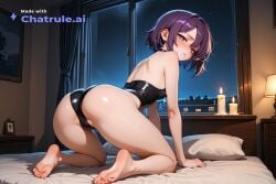 1girl ai_assisted ai_generated all_fours anime_screenshot barefoot candle_light candles covered_erect_nipples dark_room half_closed_eyes highres hotel_room leotard looking_at_viewer looking_back_at_viewer murder_drones night on_all_fours on_bed parted_lips purple_hair shy small_ass small_breasts soles solo viewed_from_behind window