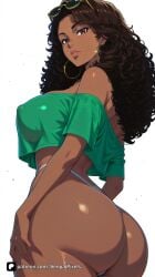1girl ai_generated artist_name ass bare_shoulders black_hair breasts brown_eyes brown_hair covered_nipples crop_top crop_top_overhang cropped_shirt curly_hair dark-skinned_female dark_skin earrings eyewear_on_head from_behind grand_theft_auto grand_theft_auto_vi green_shirt highleg hoop_earrings huge_ass jewelry large_breasts lips long_hair looking_at_viewer looking_back off-shoulder_shirt off_shoulder panties parted_lips patreon questionable rockstar_games senpai_pixels shirt simple_background solo sunglasses thick_thighs thighs thong underwear vice_city_cover_girl white_background