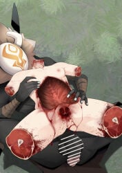 ahoge anus ass bar_censor behind_another blood blood_stain blue_eyes blue_hair broken_heart censored chongyun_(genshin_impact) death dying erection ero_guro from_behind gay genshin_impact gore grass guro half-closed_eyes heart lying lying_on_person male male_focus mask mutilation on_back penis shota snuff syou testicles thighs yaoi