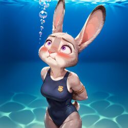 1girls ai_generated anthro badapple06 disney fanart female furry judy_hopps peril rabbit restrained solo swimsuit tied_up underwater zootopia