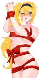 1girls blonde_hair dokibird gift_wrapped green_eyes iam_cryo indie_virtual_youtuber long_hair looking_at_viewer tied_up tongue_out vtuber