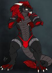 2017 anthro bladerush_(character) bulge claws clothed clothing detailed_bulge dragon ear_frill finger_claws frill_(anatomy) front_view full-length_portrait genital_outline grey_body grey_scales hair hi_res horn hufnaar male male_anthro mouth_closed mythological_creature mythological_scalie mythology orange_eyes orange_sclera penis_outline portrait red_hair scales scalie signature simple_background solo standing toe_claws topless white_horn wide_stance
