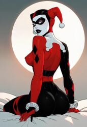 1girls 2d 2d_(artwork) ai_assisted ai_generated ass batman_(series) beautyash bed bed_sheet bedroom big_ass bodysuit breasts bubble_ass bubble_butt costume dc dc_comics digital_drawing_(artwork) digital_media_(artwork) female female_focus female_only harley_quinn harley_quinn_(classic) jester jester_costume jester_outfit light-skinned_female light_skin medium_breasts nipples nipples_visible_through_clothing on_bed pose posing presenting presenting_ass seductive seductive_look seductive_pose sideboob sitting thick_thighs