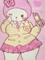 blush breasts bunny_ears bunny_girl button_down_shirt hand_on_face heart hello_kitty_(series) holding holding_object kookilooheavon large_breasts looking_at_viewer my_melody one_eye_closed onegai_my_melody skirt slim_waist tagme thick_thighs uniform voluptuous white_fur wide_hips