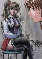 1girls academy_uniform_(bible_black) arm_support arms_at_sides art_class artistic bent_knees bible_black big_breasts blush breasts brown_hair canvas classroom convenient_leg crossed_legs curtains curvy faithful_to_the_anime feet feet_out_of_frame female female_only gentle_smile hair_ornament head_tilt high_resolution imari_kurumi indoors long_hair looking_at_object looking_at_self looking_at_viewer modeling painting panties pantyshot pantyshot_(sitting) parted_lips picture pinup ponytail posing posing_for_picture posing_for_the_viewer school school_uniform sexually_suggestive shimapan shirt side_ponytail skirt smile solo stool striped_panties suggestive suggestive_pose suspenders teal_eyes teenage_female teenager thick_thighs thighhighs thighs tied_hair toenails vest visible_panties zettai_ryouiki