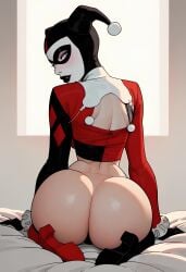 1girls 2d 2d_(artwork) ai_assisted ai_generated ass batman_(series) beautyash bed bed_sheet bedroom big_ass black_panties bodysuit bubble_ass bubble_butt costume dc dc_comics digital_drawing_(artwork) digital_media_(artwork) female female_focus female_only harley_quinn harley_quinn_(classic) jester jester_costume jester_outfit light-skinned_female light_skin looking_pleasured on_bed panties pose posing presenting presenting_ass pussy pussy_lips pussy_peek seductive seductive_look seductive_pose sitting tease teasing thick_thighs vagina