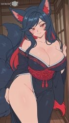 ahri ahri_(league_of_legends) ai_assisted ai_generated animal_ears big_breasts black_hair breasts cleavage curvy curvy_body curvy_female female female_focus female_only fox_ears fox_girl fox_tail huge_breasts kimono large_breasts league_of_legends long_hair looking_at_viewer moonwool_branch multiple_tails nine_tailed_fox red_eyes red_hair seductive seductive_eyes seductive_look seductive_mouth seductive_pose seductive_smile smile smiling solo solo_female solo_focus tail thick_ass thick_thighs thighs uncensored