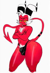 ai ai_generated arms_crossed big_ass bottom_heavy bulge chest_hair femboy hellaverse helluva_boss imp male moxxie_(helluva_boss) nipples pubes pubic_hair shiny_skin tail thick_thighs tummy underwear white_hair wide_hips