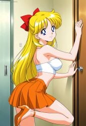 back_view bishoujo_senshi_sailor_moon blonde_hair_female blue_eyes blue_eyes_female hair_bow high_heels leg_up long_hair long_hair_female looking_at_viewer medium_boobs medium_breasts medium_tits minako_aino orange_high_heels orange_skirt pov sexy sexy_female skirt solo solo_female solo_focus thighs upscaled