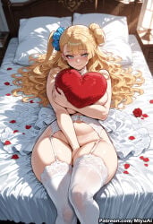 1girl ai_assisted ai_generated bangs bed blonde_hair blue_eyes blush breasts covering curvaceous curvy curvy_female curvy_figure earrings eyebrows_visible_through_hair female flower galko hair_ornament half-closed_eyes heart jewelry lingerie long_hair looking_at_viewer lying miyuai navel on_back on_bed one_side_up oshiete!_galko-chan petals pillow rose rose_petals smile solo thick thick_ass thick_butt thick_hips thick_legs thick_thighs thighhighs underwear voluptuous voluptuous_female white_legwear wide_hips wide_thighs