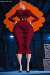 1girl ai_generated belt blonde_hair blue_eyes breasts cartoon_network curvy dress hair_over_one_eye hand_on_hip hands_on_hips hi_res high_quality high_resolution large_breasts long_hair looking_at_viewer orange_hair patreon sara_bellum seductive sexy solo spicytoonai uncensored watermark