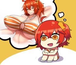 arms_around_legs artist_request big_breasts bikini chibi fate/grand_order fate_(series) fujimaru_ritsuka_(female) gudako hair_ornament imagining open_mouth orange_eyes red_hair riyo_(lyomsnpmp)_(style) tear thought_bubble voluptuous yellow_background