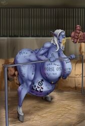 1girl animal_genitalia beastiality big_ass big_breasts big_thighs blue_skin elf elf_female giving_birth horse horsecock original original_character piss pissing_in_mouth pregnant pregnant_belly pregnant_female pregnant_sex sex stables tattoos white_hair whitesuffering