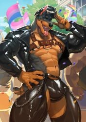 abs absurd_res anthro bulge canid canine canis chain clothing dobermann domestic_dog dragosaurius fangs fur harness hat headgear headwear hi_res jacket lgbt_pride lgbt_pride_month looking_at_viewer male mammal muscular muscular_anthro navel nipple_piercing nipples pecs piercing pinscher pride_colors solo standing tail teeth tongue tongue_out topwear
