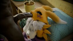 16:9 3d_(artwork) anthro bandai_namco big_penis black_body breasts digimon digimon_(species) digital_media_(artwork) duo female fur genitals hi_res human lir looking_up male male/female mammal medium_breasts nipples nude oral oral_penetration penetration penis renamon vein veiny_penis widescreen yellow_body yellow_fur