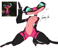 anthro choker flat_chest frog frog_girl gabi_(rio) gloves green_eyes heart jenghck kneeling navel pink_body rio_(series) slim_waist spread_legs stockings tagme thick_thighs voluptuous wide_hips