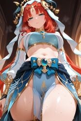 1girl ai_generated animated arabian_clothes ass ass_focus big_breasts blush breasts female female_only focus from_below furiwif07 genshin_impact hentai hoyoverse looking_at_viewer mature_female medium_breasts mihoyo nilou_(genshin_impact) red_hair seductive seductive_look serious sex sexy standing sweat wide_hips wide_thighs
