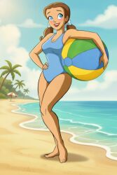 1girls accurate_art_style ai_assisted ai_generated beach beach_ball dorothy_gale one-piece_swimsuit smile smiling solo standing swimsuit the_wizard_of_oz tom_and_jerry tom_and_jerry_and_the_wizard_of_oz warner_bros warner_brothers