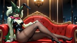 1girls aijlabs anthro blush breasts bunny_ears bunny_girl bunnysuit couch fake_animal_ears high_heels large_breasts leotard looking_at_viewer meowscarada pantyhose playboy_bunny pokemon sitting wrist_cuffs