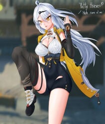 1girls ahoge black_gloves breasts cleavage english_text fingerless_gloves gloves gore guro hair_ornament high-waist_shorts imminent_death jacket large_breasts long_hair noodlesman shirt shorts single_hair_intake snuff thighhighs white_hair yellow_eyes yellow_jacket yin_yang_pin yixuan_(zenless_zone_zero) zenless_zone_zero