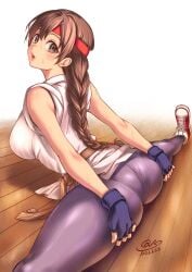 1girls art_of_fighting ass ass_focus breasts brown_eyes brown_hair female karate_gi king_of_fighters looking_at_viewer looking_back panties_under_pantyhose pantyhose ponytail purple_panties purple_pantyhose snk stretching yuri_sakazaki