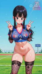 ai_generated bottomless chichi dragon_ball dragon_ball_z looking_at_viewer outdoors pygmaiden shaved_pussy soccer_uniform stockings