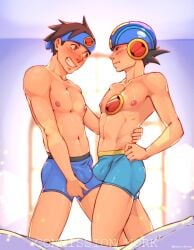 2boys aged_up blush brothers bulge bulge_frottage incest lan_hikari manlyhand mega_man mega_man_battle_network megaman.exe nude swimwear testicles yaoi
