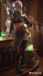 3d 3d_render book_stack brown_eyes clair_lasbard elbow_gloves fingerless_gloves hair_ribbon leather_boots leather_gloves long_bangs long_hair looking_at_viewer magic_potion obsidian_frost potion potion_bottle silver_hair star_ocean star_ocean_3 star_ocean_iii star_ocean_till_the_end_of_time stockings tagme tattoo thigh_highs waist_belt
