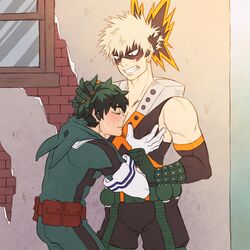 2boys angry angry_face blonde blonde_hair blush blushing chest_grab clothed clothing gay grabbing_chest green_hair hand_on_chest hero_outfit_(mha) human human_only izuku_midoriya katsuki_bakugou male_chest mask masked muscle muscles muscular my_hero_academia nekoritanuka orange_eyes sniff sniffing yaoi