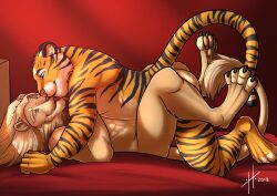2018 anthro anthro_on_anthro bed between_legs blue_eyes brown_pawpads closed_smile dated duo felid fur furniture hufnaar kissing lion lying male male/male mammal mane markings mouth_closed narrowed_eyes on_back on_bed on_top orange_body orange_fur pantherine pawpads side_view smile striped_arms striped_body striped_fur striped_legs striped_markings striped_tail stripes tail tail_markings tan_body tan_fur tan_mane tiger whiskers white_body white_fur