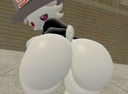 1boy 3d 3d_(artwork) animal_ears animal_nose ass ass_focus bent_over black_sclera black_shirt body_fur colored_sclera english_text from_behind furry furry_male grey_headwear hat huge_ass indoors looking_at_viewer looking_back male male_only no_pants nude original red_eyes shirt skulltron_(skulltronprime969) skulltronprime1 skulltronprime969 solo speech_bubble tail talking tiles white_fur