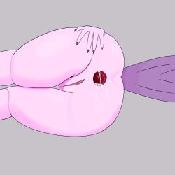 1:1 absurd_res anthro anus avian basaltara bodily_fluids butt claws cum cum_drip cum_in_ass cum_inside cum_on_body cum_on_butt dripping feathered_tail feathers female gaping gaping_anus genital_fluids genitals hi_res kayleigh_(basaltara) leaking_cum lying on_side pink_body presenting presenting_anus presenting_vulva shaded simple_background solo spread_butt spreading tail vulva