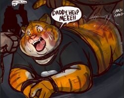 anal anal_penetration anthro bodily_fluids bound clothed clothing dialogue duo english_text erection felid forced male male/male mammal open_mouth pantherine penetration rape sex spank_marks tears text tiger trashtoonz