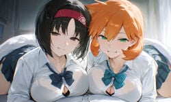 2girls ai_generated bangs bed black_clothes black_eyes black_hair black_skirt blanket blue_bow blue_bowtie blue_bra blue_neckwear blue_underwear blush bow bowtie bra bra_visible_through_clothes breasts busty cleavage clothing collared_shirt dress_shirt erika_(pokemon) female green_bra green_clothing green_eyes green_underwear grey_eyes grin hair_between_eyes hairband headwear indoors kasumi_(pokemon) landscape large_breasts long_sleeves looking_at_viewer lying miniskirt misty_(pokemon_hgss) multiple_girls neckwear on_stomach orange_hair pleated_skirt pokemon red_bow red_bowtie red_hairband red_neckwear school_uniform see-through shirt short_hair skirt smile under_covers underwear uniform white_shirt
