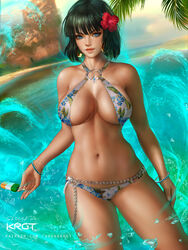 1girls beach belly_button big_breasts bikini blue_eyes breasts clavicle cleavage female female_only fubuki_(one-punch_man) green_hair hair_ornament large_breasts navel one-punch_man outdoors outside popsicle shurakrgt solo watermark