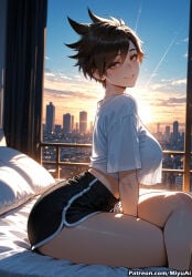 1girl ai_assisted ai_generated artist_name bangs black_shorts blue_shirt blue_sky breasts brown_eyes brown_hair casual cloud cloudy_sky crop_top crop_top_overhang crossed_legs curvaceous curvy curvy_female curvy_figure day ear_piercing female freckles from_side grin indoors large_breasts lips looking_at_viewer midriff miyuai outdoors overwatch pants parted_lips piercing pink_lips shiny shiny_skin shirt short_hair short_shorts short_sleeves shorts sitting sky smile solo spiked_hair swept_bangs thick thick_ass thick_butt thick_hips thick_legs thick_thighs thighs tracer_(overwatch) voluptuous voluptuous_female white_shirt wide_hips wide_thighs