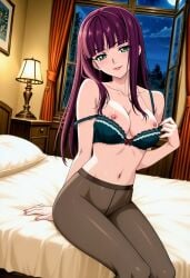 1girls ai_generated bra castlevania castlevania:_portrait_of_ruin female female_only long_hair loretta_lecarde pale-skinned_female pale_skin pantyhose red_lipstick sitting sitting_on_bed smile