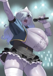bandaged_leg bangs bangs_over_one_eye big_breasts black_eyes black_nail_polish blue_hair blue_jacket blue_skin ceiling_lights choker cleavage cleavage_dress cleavage_focus concert cropped cropped_legs cuffs_(clothing) dot_eyes dress frilled_dress glow_sticks hi_res huge_breasts idol jacket jacket_open japanese_idol large_breasts long_hair mmmikedaya narisokonai_(mmmikedaya) oc original original_character overflowing_breasts short_skirt simple_background slim_waist tagme thick_thighs upskirt white_panties