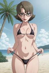 1girls ai_generated beach bikini black_bikini brown_hair female female_only glasses latty looking_at_viewer medium_breasts pale-skinned_female pale_skin red_lipstick short_hair smile tatakau_shisho the_book_of_bantorra