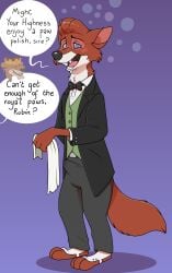 2026 anthro blueballs blush bodily_fluids bow_tie butler canid canine cross-eyed crown dialogue disney dominant dominant_male drooling duo english_text felid fox half-closed_eyes headgear hi_res hypnosis lion male male/male mammal mind_control narrowed_eyes open_mouth open_smile pantherine precum_stain ringed_eyes robin_hood robin_hood_(disney) saliva simple_background smile solo_focus spats speech_bubble submissive submissive_male tenting text